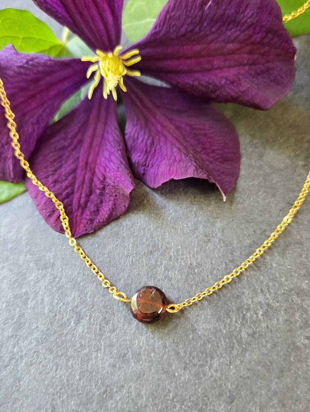 💜NWT Artisan-Made 24k Gold-Plated Garnet Disk Simple Dainty Necklace